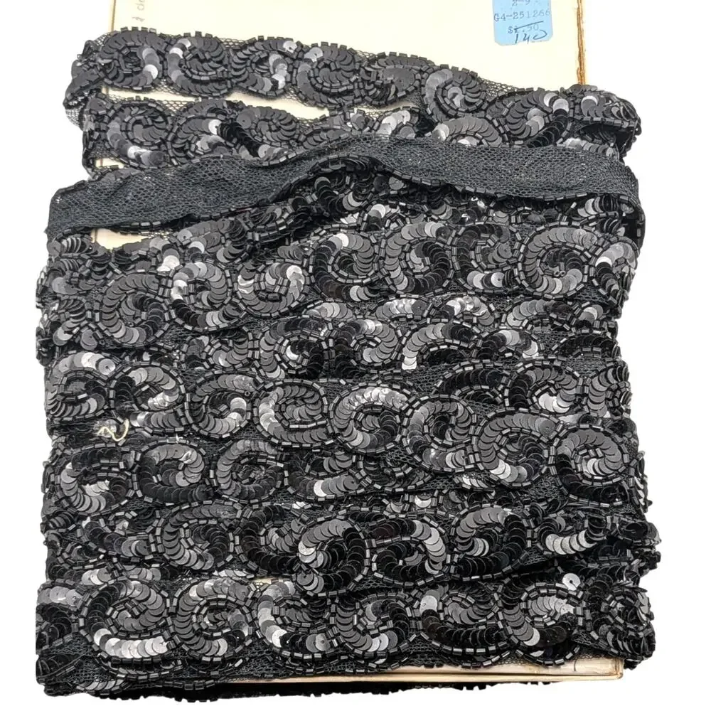 Vintage Black Sequin Trim 9.5 Yards 1in Sewing Costume Craft Embellishment